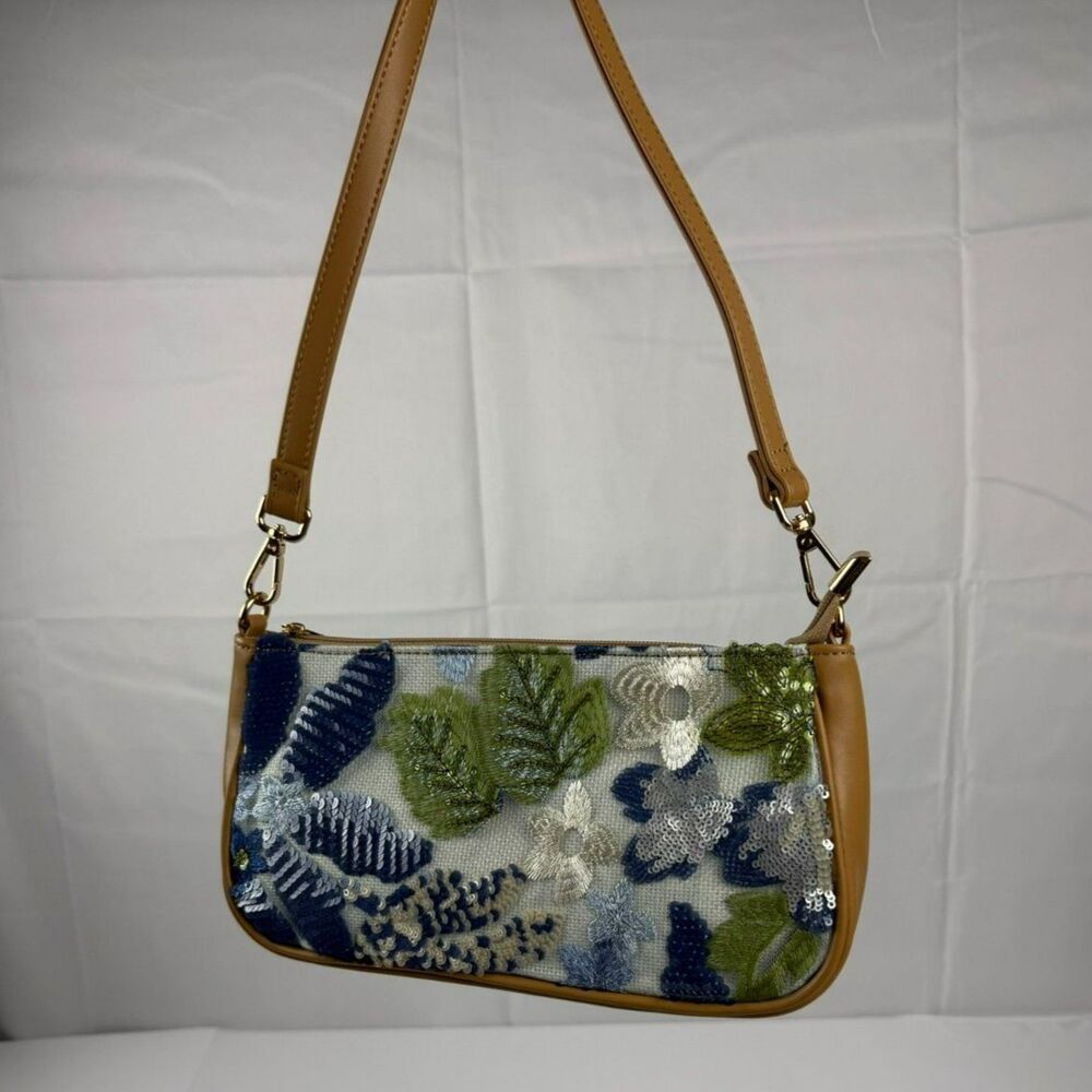 Floral Sequin Blue & Tan Shoulder Bag Purse